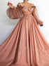 A Line Off the Shoulder Long Sleeves Beadings Pink Prom Dress LBQ3149