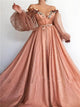 A Line Off the Shoulder Long Sleeves Beadings Pink Prom Dresses