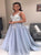 A Line V Neck Tulle Blue Prom Dresses