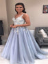 A Line V Neck Tulle Blue Prom Dress with Lace Appliques LBQ2467