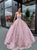 Pink Ball Gown Square Neck Lace Prom Dresses