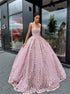 Pink Ball Gown Square Neck Lace Prom Dress LBQ2052