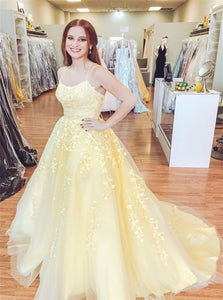 A Line Yellow Tulle Appliques Prom Dresses