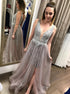 A Line V Neck Appliques Tulle Open Back Prom Dresses with Slit LBQ3255