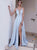 A Line Light Blue Spaghetti Strap V Neck Sleeveless Prom Dresses
