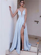 A Line Light Blue Spaghetti Strap V Neck Sleeveless Prom Dresses
