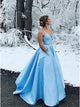 A Line V Neck Satin Sleeveless Long Light Blue Prom Dress with Beading