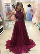 A Line Wine Red Chiffon Sequins Scoop Sweep Train Prom Dresses