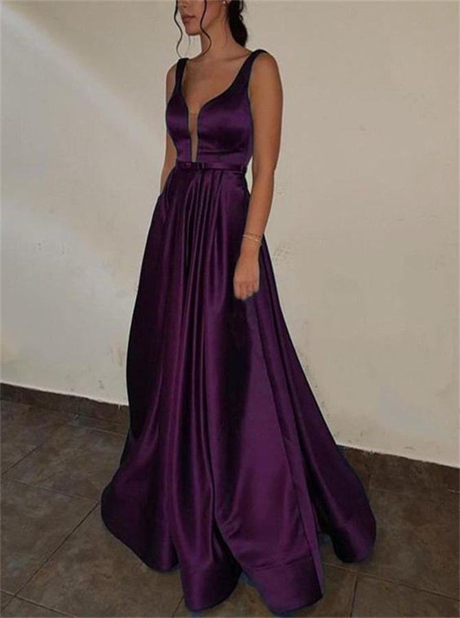Purple Deep V Neck A Line Satin Pleats Prom Dresses | Alinepromdress Purple Deep V Neck A Line Satin Pleats Prom Dresses | Alinepromdress