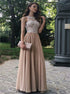 A Line Scoop Beaded Lace Chiffon Champagne Prom Dresses LBQ2344