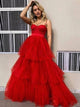 A line Spaghetti Straps Red Tulle Prom Dresses
