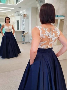 A Line Navy Blue Appliques Satin Prom Dress with Pockets