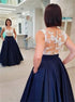 A Line Navy Blue Appliques Satin Prom Dress with Pockets LBQ3162