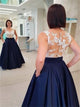 A Line Navy Blue Appliques Satin Prom Dress with Pockets