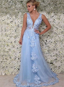 A Line Blue Straps Appliques Sleeveless Tulle Prom Dresses