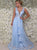 A Line Blue Straps Appliques Sleeveless Tulle Prom Dresses