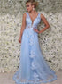 A Line Blue Straps Appliques Sleeveless Tulle Prom Dresses LBQ3179