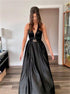 A Line V Neck Black Satin Prom Dress LBQ2554