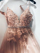 A Line Spaghetti Straps Appliques Beadings Tulle Pink Prom Dresses