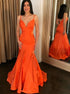 Spaghetti Straps Open Back Orange Satin V Neck Mermaid Prom Dresses LBQ3096