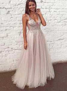 A Line V Neck Tulle Pink Prom Dresses with Beaded