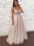 A Line V Neck Tulle Pink Prom Dresses with Beaded LBQ2246