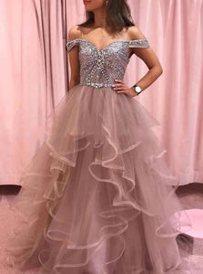 A Line Off the Shoulder Top Rhinestones Ruffles Tulle Prom Dresses