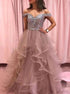 A Line Off the Shoulder Top Rhinestones Ruffles Tulle Prom Dresses LBQ1645