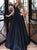 A Line V Neck Black Long Satin Prom Dresses