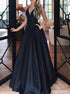 A Line V Neck Black Long Satin Prom Dresses LBQ2125