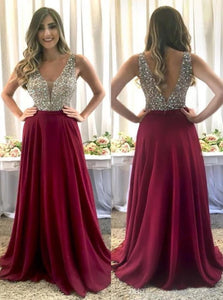 A Line V Neck Beaded Chiffon Open Back Burgundy Prom Dresses 