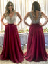 A Line V Neck Beaded Chiffon Open Back Burgundy Prom Dress LBQ3168