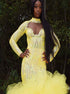 Yellow Mermaid High Neck Sweetheart Long Sleeves Tulle Sequins Prom Dresses LBQ3237