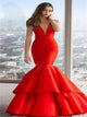 Red Deep V Neck Sleeveless Prom Dresses with Sweep Train 