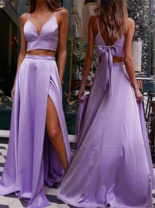 Lilac Purple Spaghetti Straps V Neck Two Pieces Satin Prom Dress with Slit