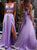 Lilac Purple Spaghetti Straps V Neck Two Pieces Satin Prom Dress with Slit