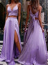 Lilac Purple Spaghetti Straps V Neck Two Pieces Satin Prom Dress with Slit LBQ2707
