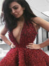 Deep V Neck Red Beadings Prom Dresses LBQ1502