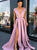 V Neck A Line Slit Satin Prom Dresses