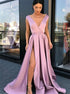 V Neck A Line Slit Satin Prom Dresses LBQ2033