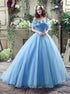 Off the Shoulder Sky Blue Tulle Satin Lace Up Butterfly Prom Dresses LBQ1826