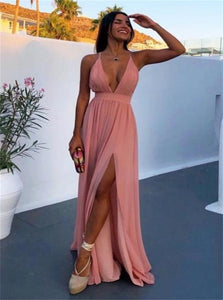 A Line Deep V Neck Pink Chiffon Criss Cross Prom Dresses