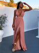 A Line Deep V Neck Pink Chiffon Criss Cross Prom Dresses