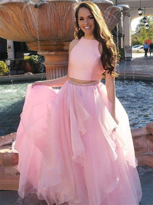 Two Piece A Line High Neck Beadings Organza Prom Dresses