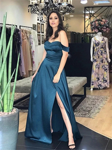 A Line Off The Shoulder Satin Prom Dresses with Slit