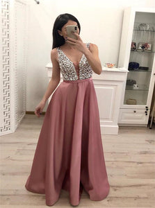 A Line V Neck Open Back Satin with Beading Prom Dresses 