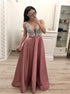 A Line V Neck Open Back Satin with Beading Floor Length Prom Dresses LBQ2897