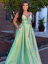 A Line Satin Spaghetti Straps V Neck Prom Dress with Pockets LBQ2287