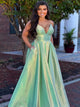 A Line Satin Spaghetti Straps V Neck Prom Dresses