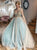 A Line V Neck Tulle Blue Beading Prom Dresses